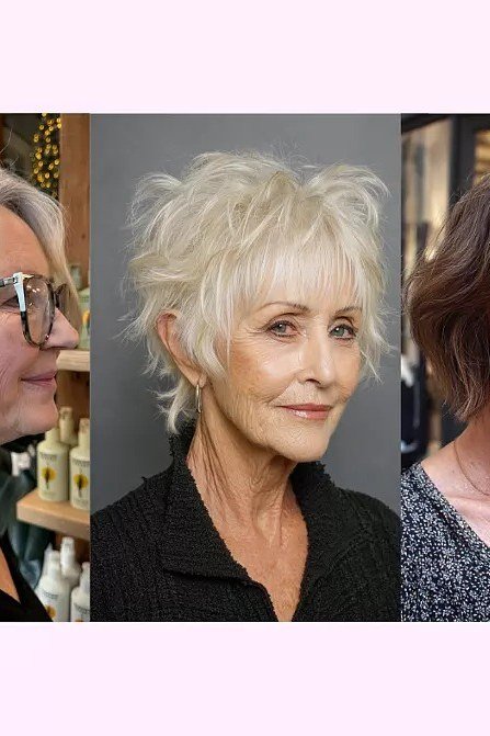 White pixie haircut for women over 70 in coral top, front view