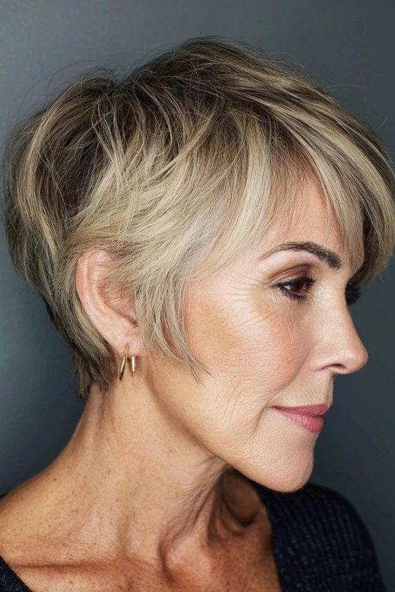 Blonde tapered pixie with volume on top - trendy short haircut for older women with fine hair