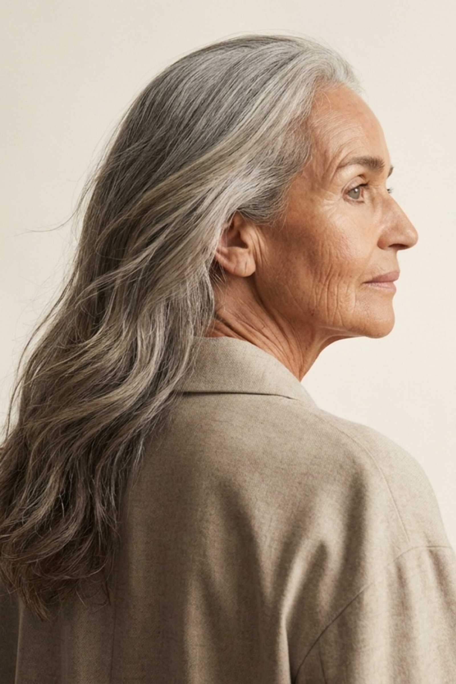 short curly silver crop with volume, smiling older woman