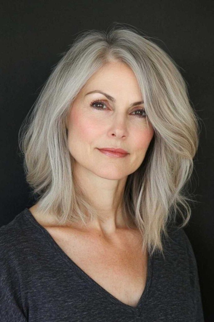Silver straight lob, front view, woman in her 60s