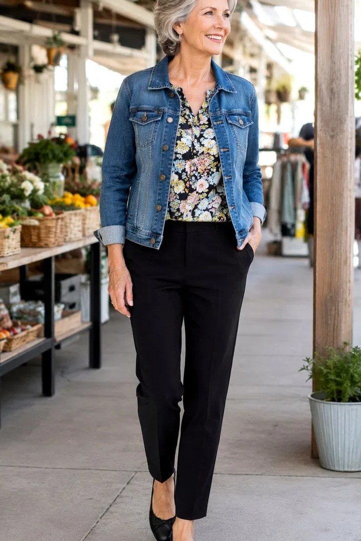 Denim jacket with floral blouse and black ankle trousers for women over 50
