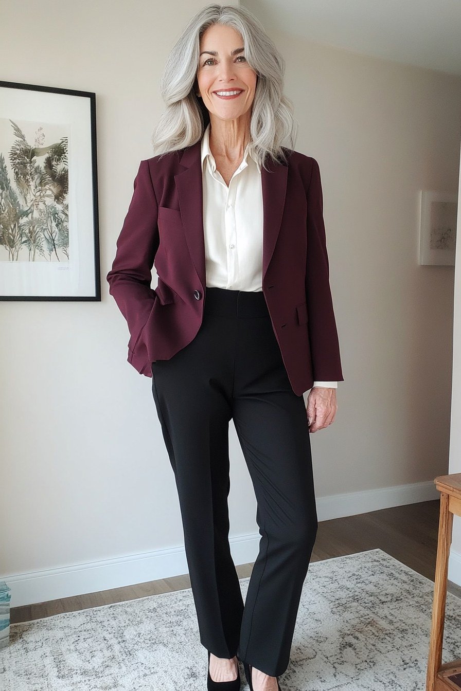 Burgundy Blazer With a White Shirt and Black Trousers, smart casual outfit for women over 50