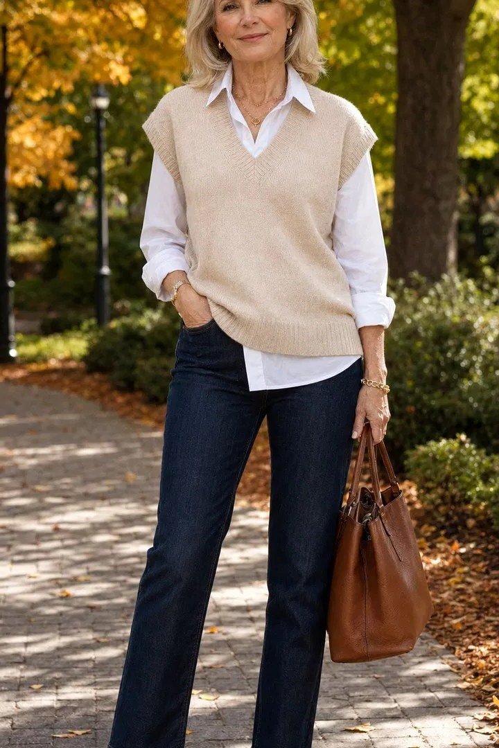 Easy casual outfit idea for women over 50: sweater vest layered over a shirt, older woman everyday style