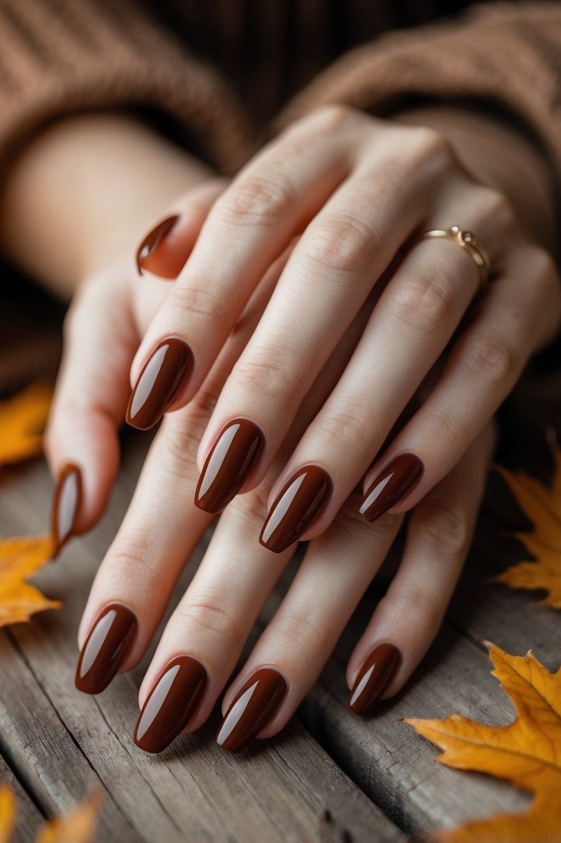 Chocolate Brown Almond Nails - fall nail color idea for women over 60