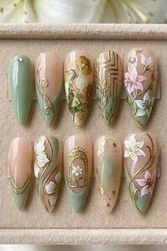 Sage and Gold Floral Press-On Set - elegant nail art idea for mature hands, women over 50