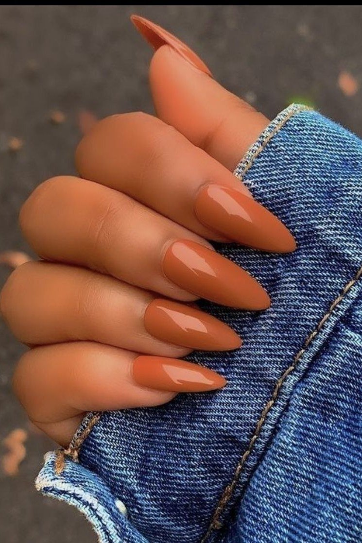 Bright Copper Almond Nails, chocolate brown fall nail design for women over 60
