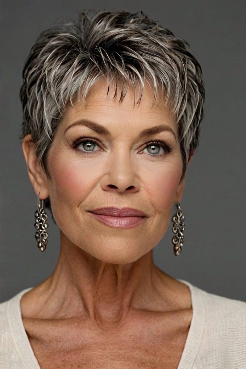 voluminous salt and pepper pixie for older women, front view
