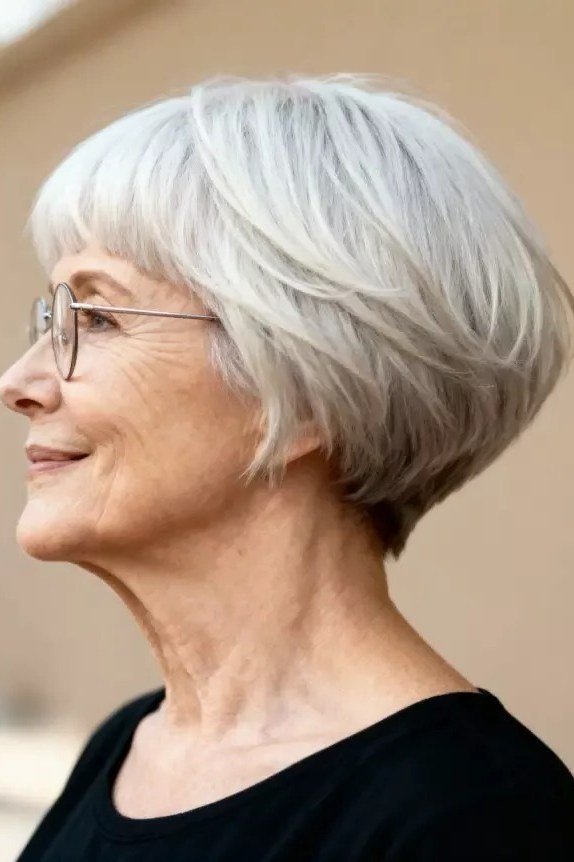 White rounded bob with tapered nape, timeless hairstyle for women over 70