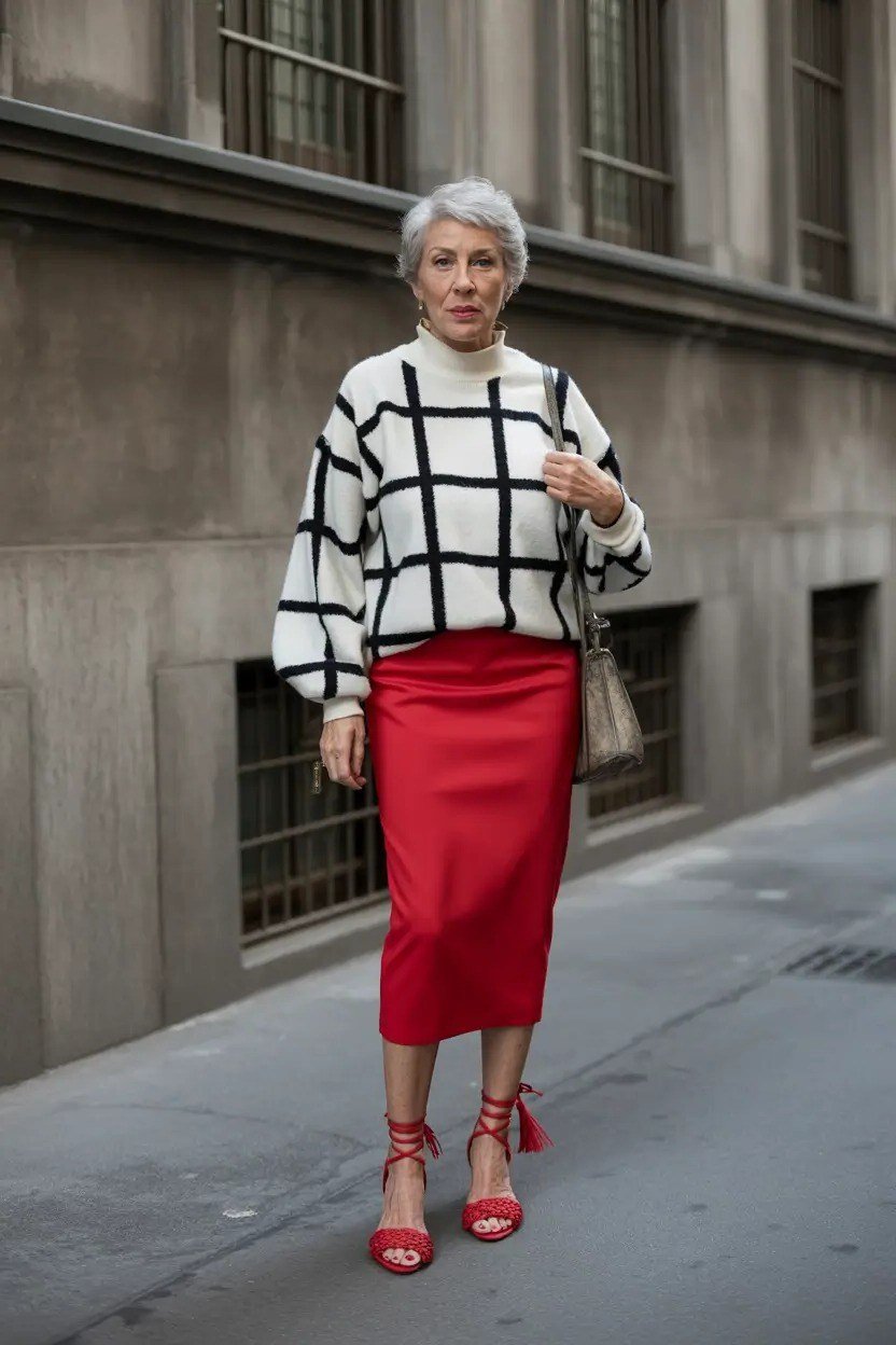 Fall city outfit for women over 50: black white check sweater red midi skirt red heels