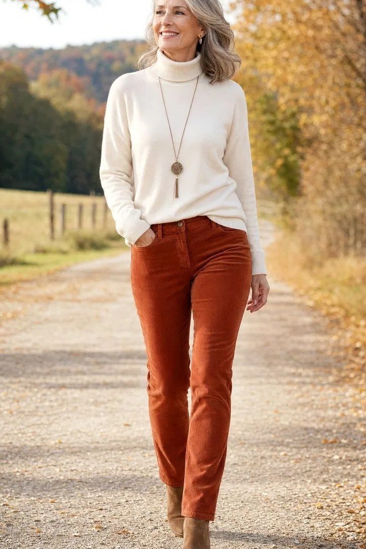 cream turtleneck sweater rust corduroy trousers brown ankle boots women over 50