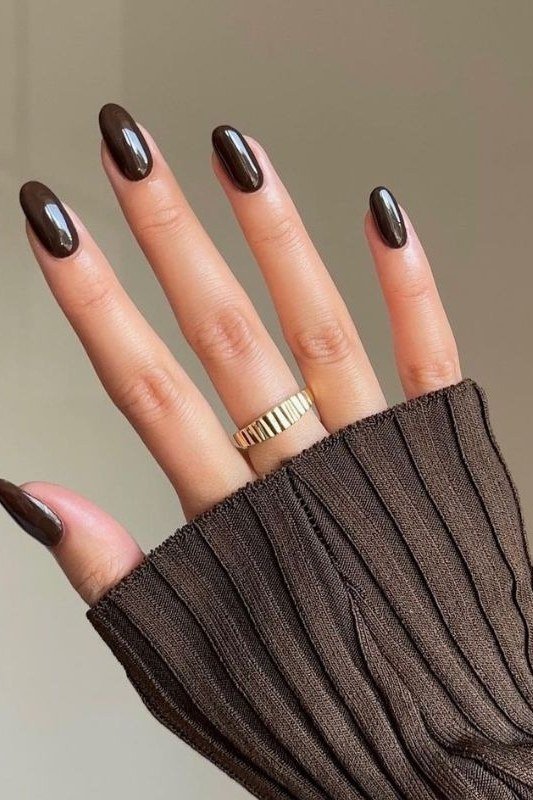 Chocolate Brown Almond Nails with Taupe Knit - brown nail idea for women over 50