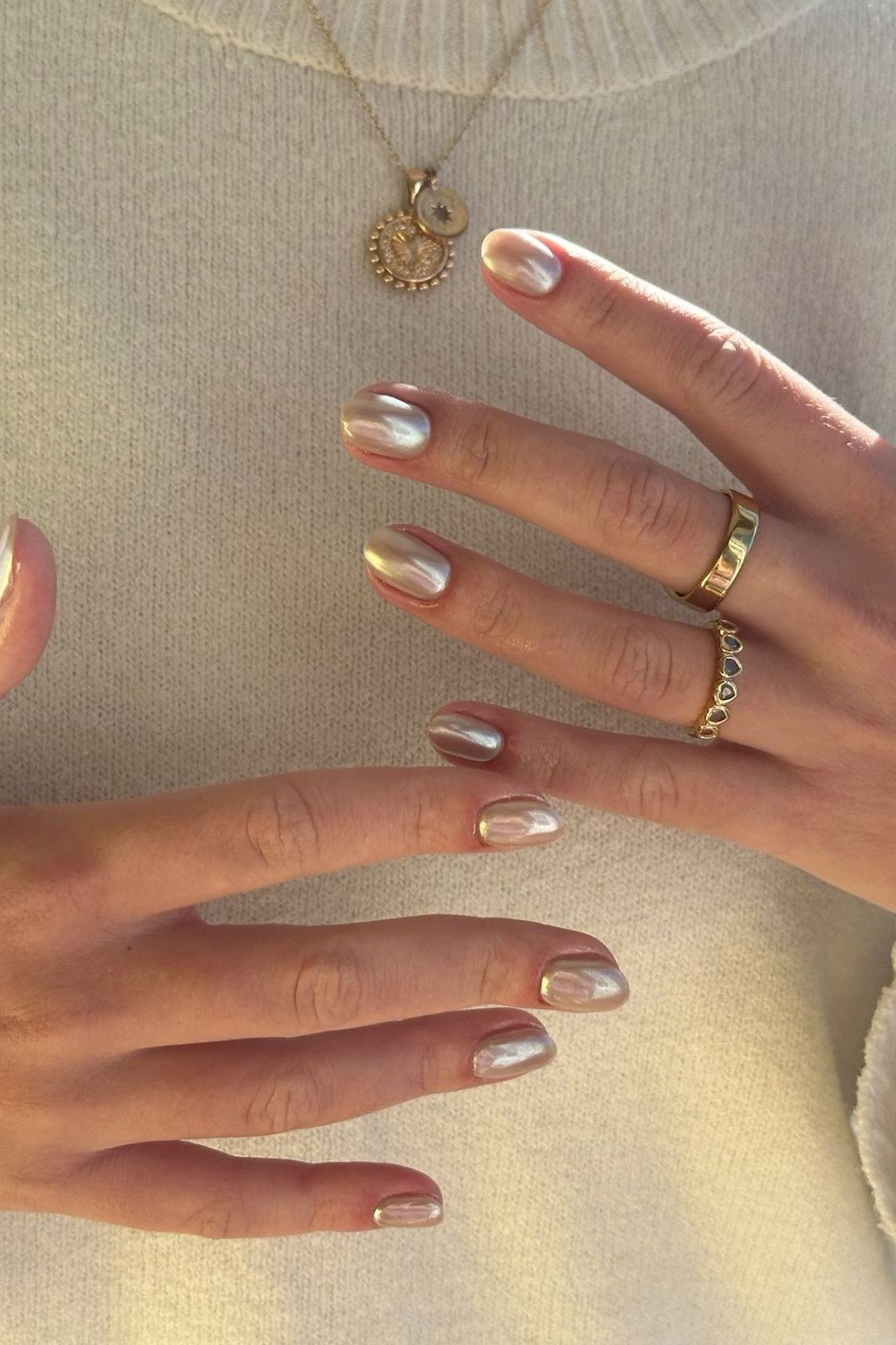 Rose Gold Chrome on Short Almond Nails - chrome nail designs for women over 60
