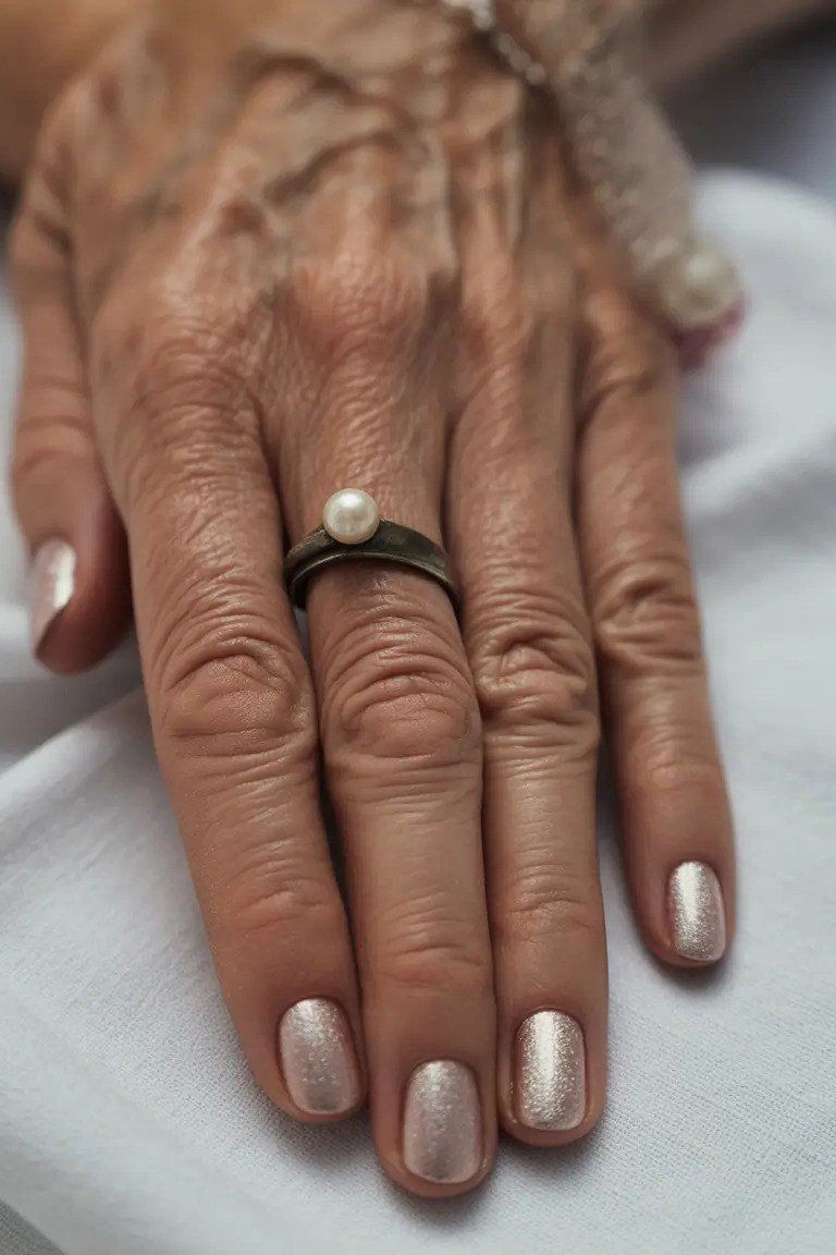 Nail art design for women over 60: champagne shimmer nude nails on elderly hands