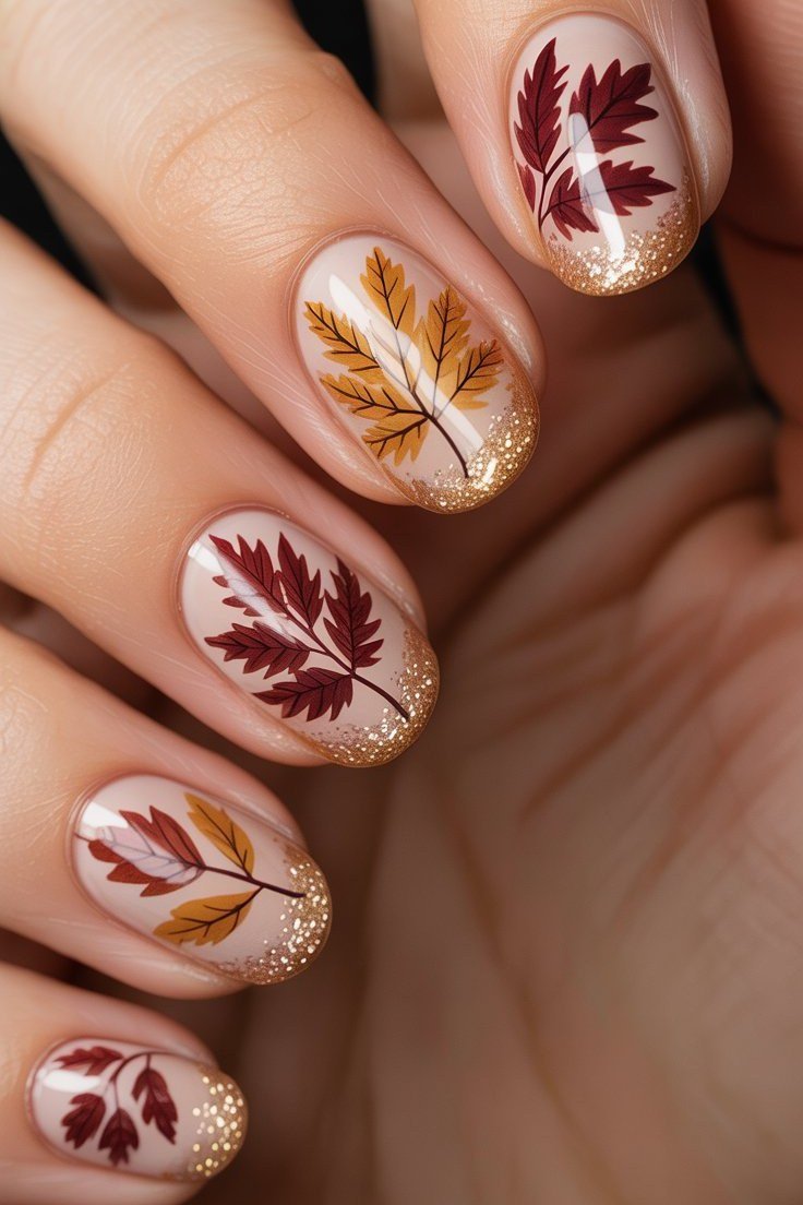 15. Colorful Maple Leaf Art on Nude Nails - Thanksgiving nail art idea for women over 50
