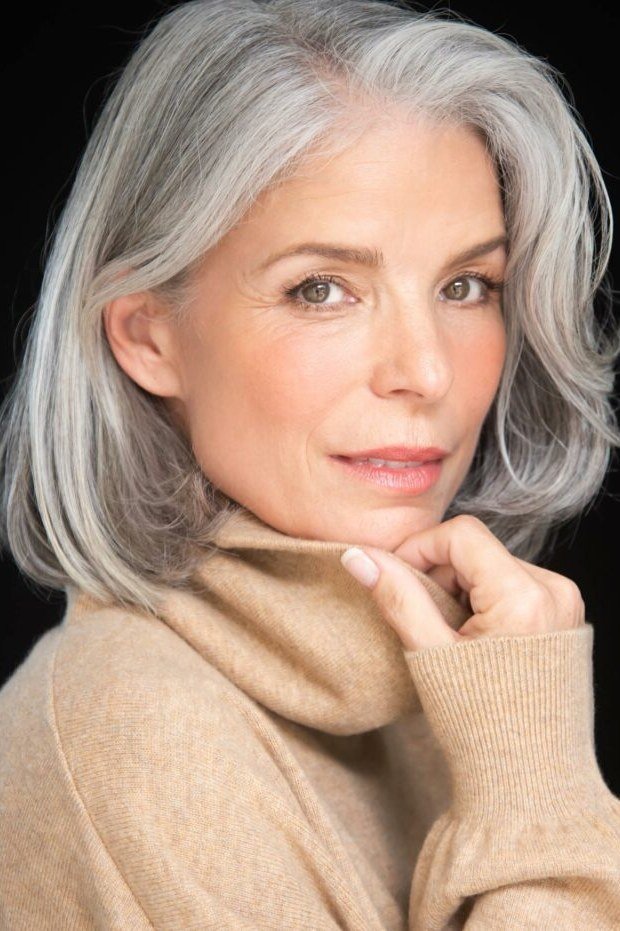 Classic Silver Lob with Beige Sweater - layered lob hairstyle for women over 60