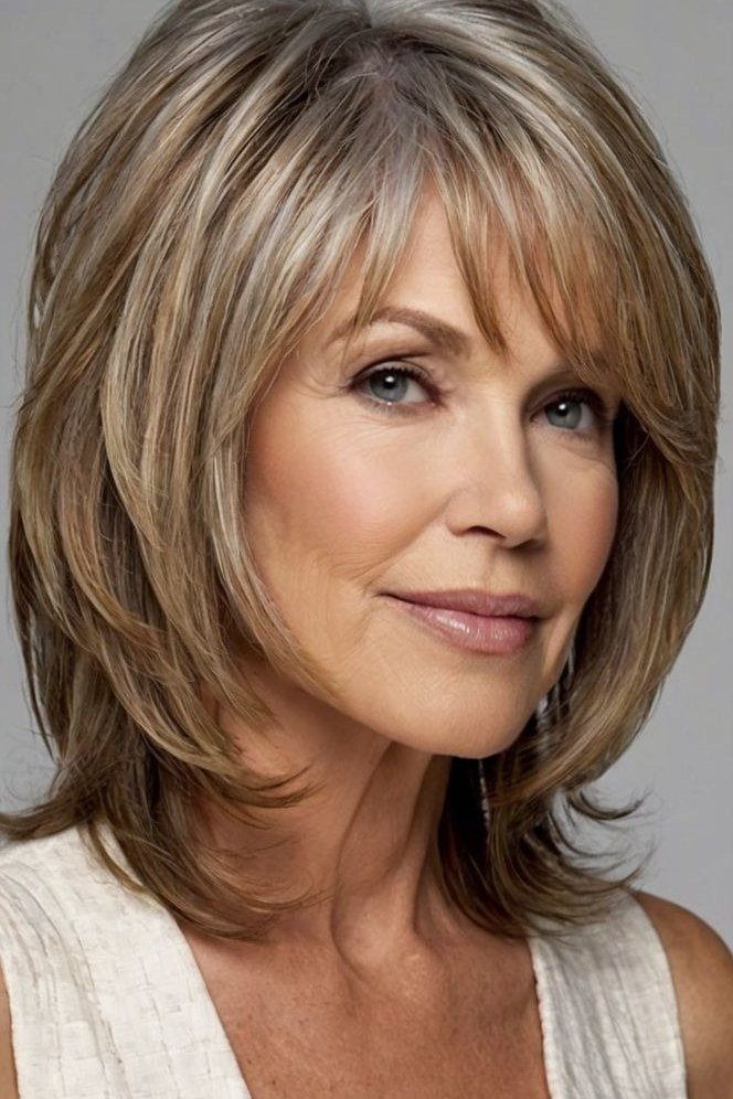 Ash Blonde Layers with Soft Bangs, medium hairstyle for women over 70