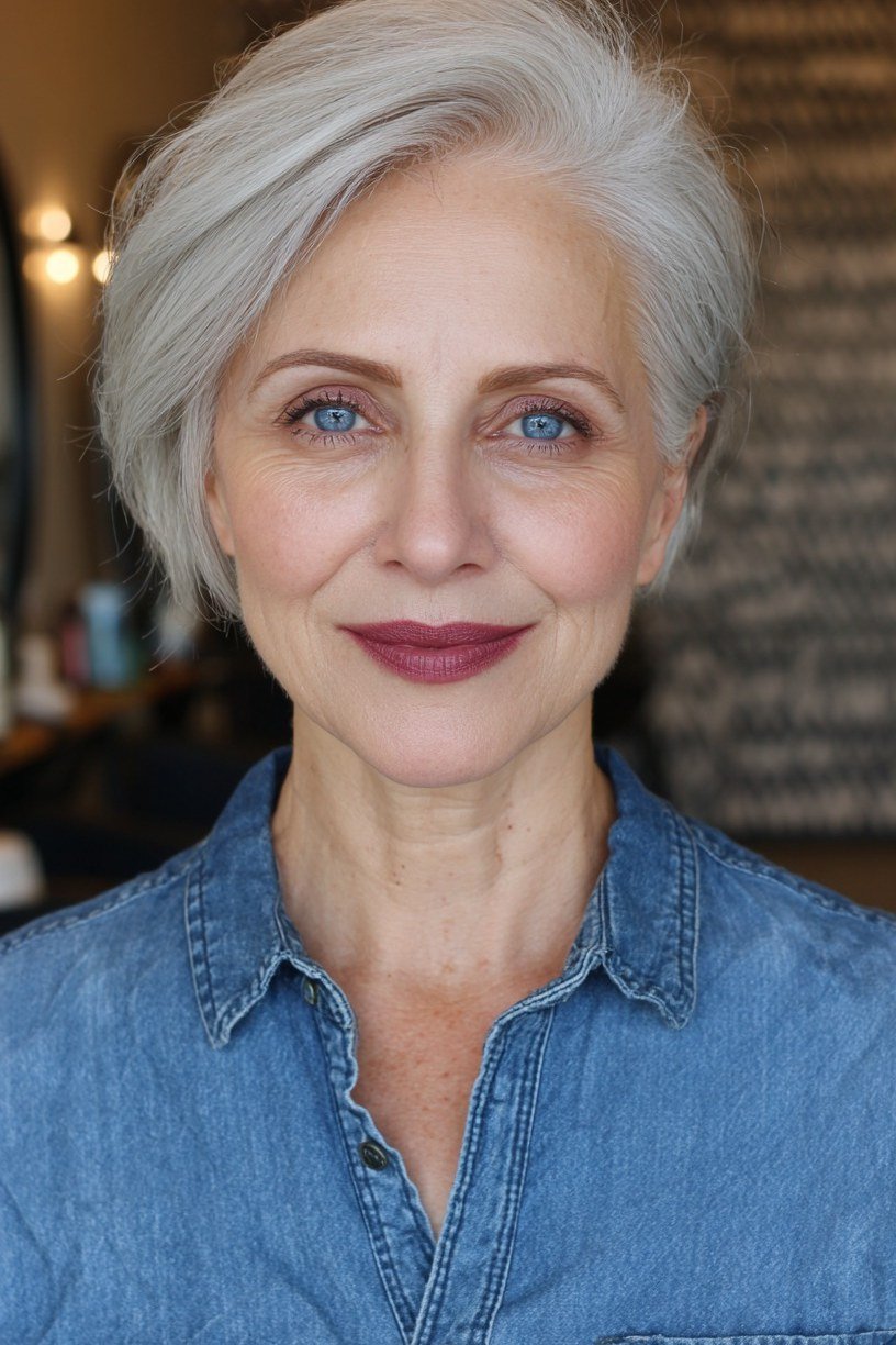 Silver Pixie with Denim Style - sassy hairstyle for older women