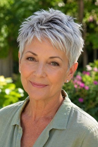 Silver pixie haircut with layered wispy crown for women over 60
