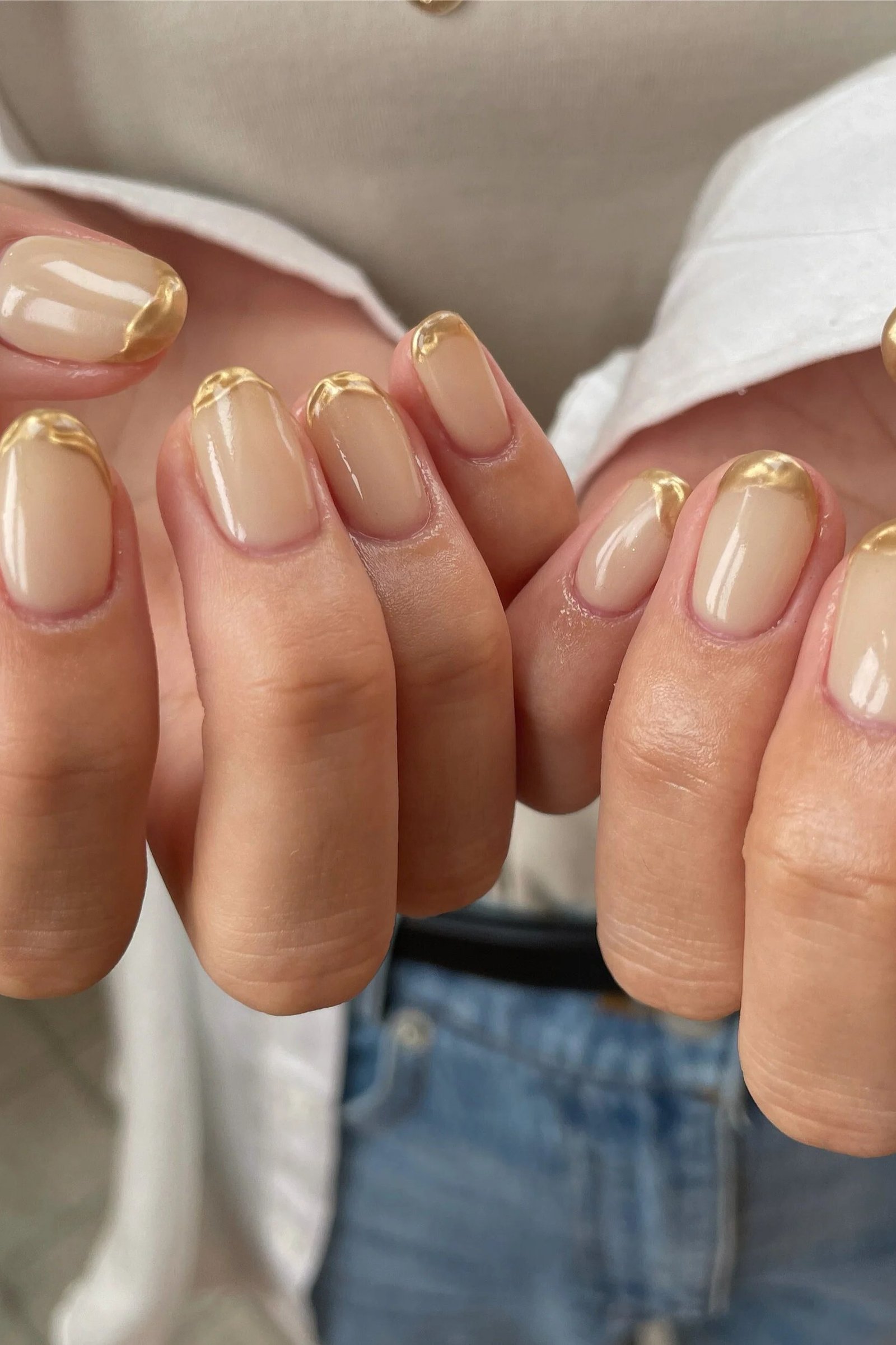 Warm Nude Gold Duo - micro french manicure with ultra-thin tip line, elegant nail design for women over 50
