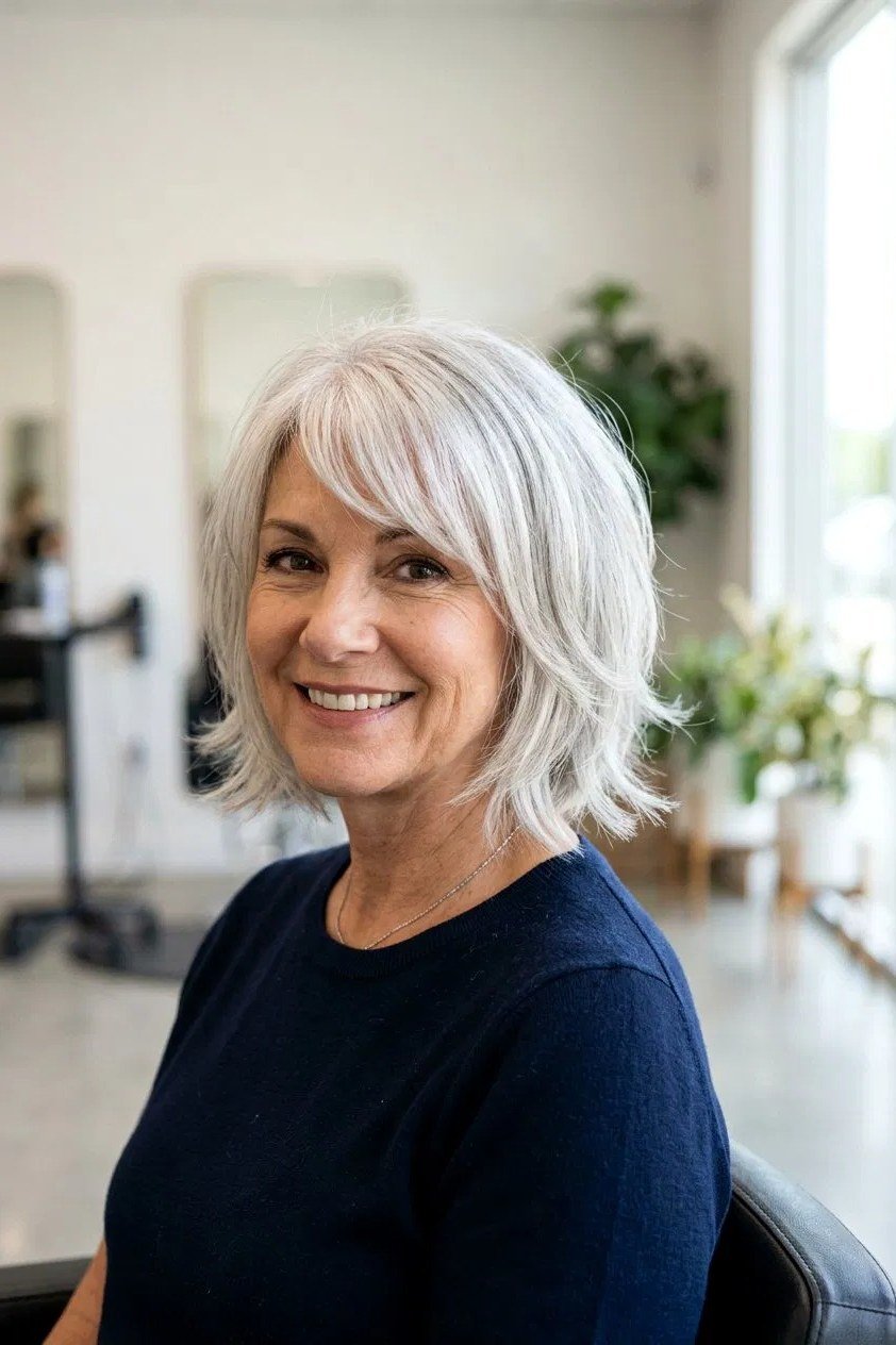 white layered bob, front view, smiling — chin-length layered bob hairstyle for women over 50