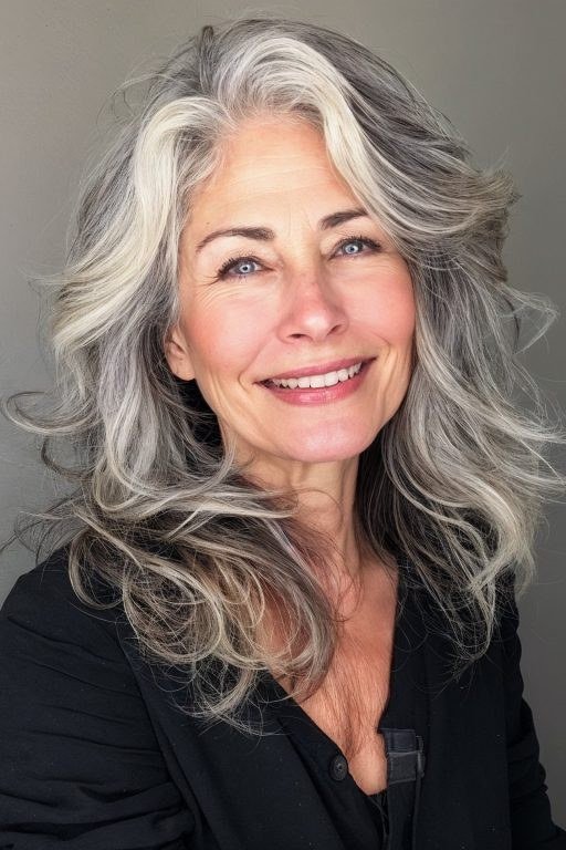 Smiling Silver-Grey Wavy Butterfly Cut - butterfly cut hairstyle for women over 60