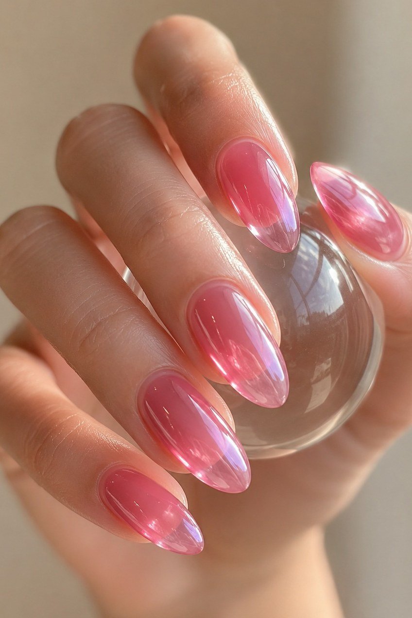Almond sheer strawberry jelly nails, translucent glow