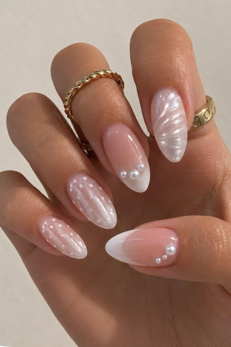 Sheer Pink Pearl Nails with Shell Art - pearl finish nail idea for women over 60