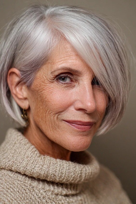 Silver Short Bob with Long Side Bangs - medium hairstyle for women over 60