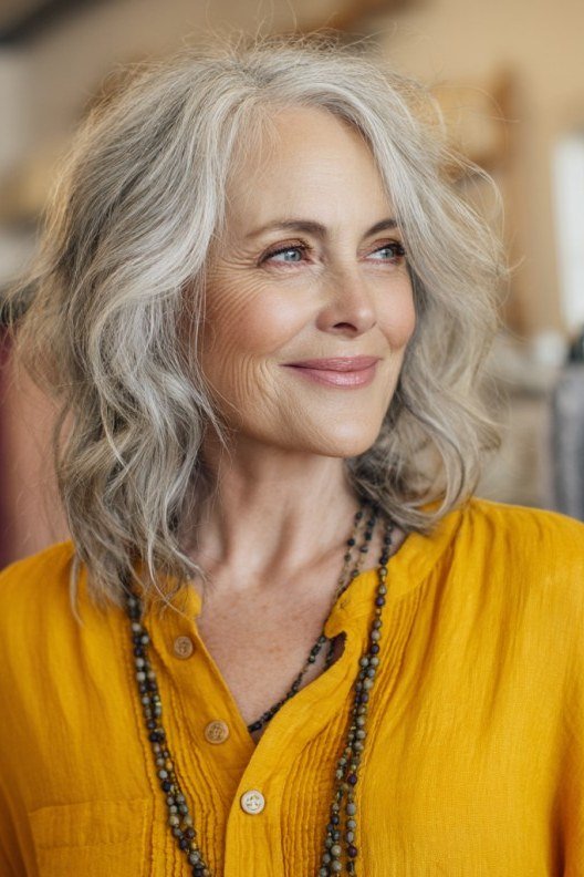 Long gray wavy medium cut with natural texture for women over 60