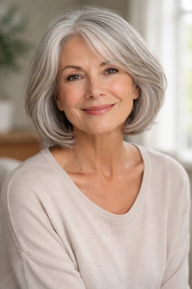 Gentle Silver Layered Bob for women over 60