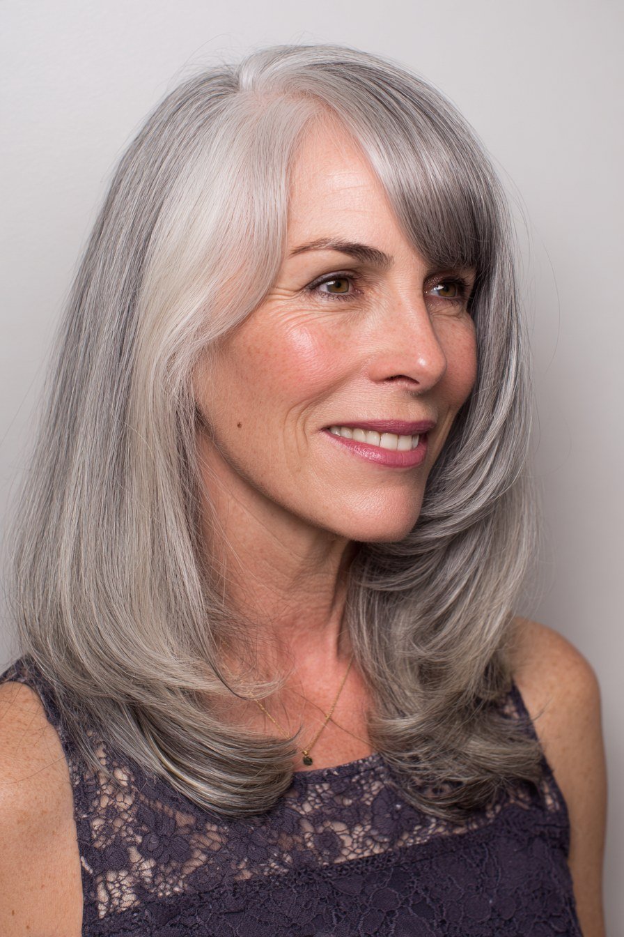 Straight silver-gray lob haircut on an older woman, front view, medium hairstyle for women over 60