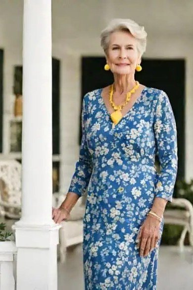 Blue floral shirt dress for women over 60