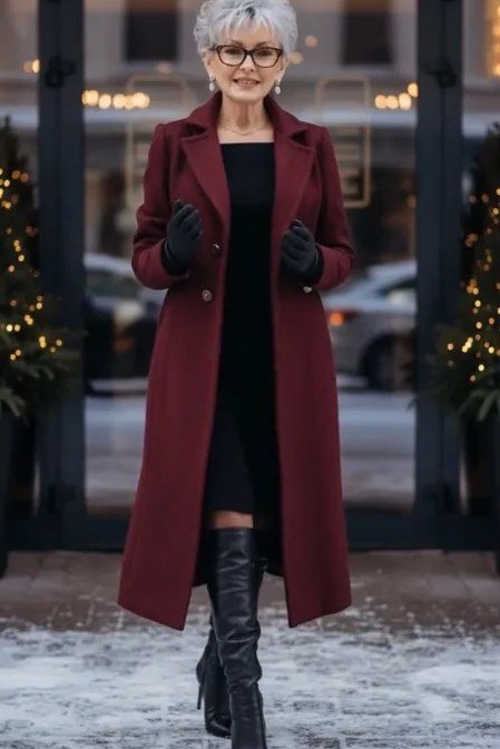 Burgundy midi coat over a black dress and tights with sunglasses for women over 50 at work