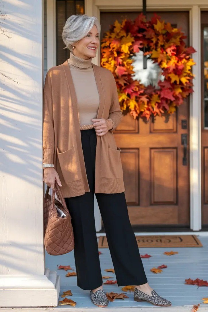 older woman in camel cardigan with black pants and loafers, doorway with fall wreath