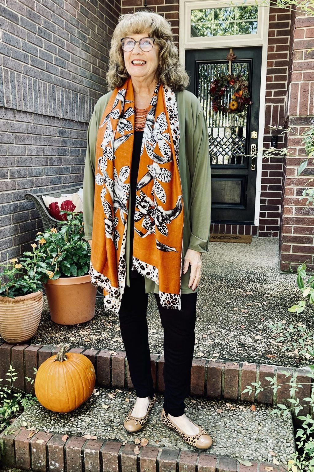 Olive Cardigan with Orange Floral Scarf - fall outfit for women over 40
