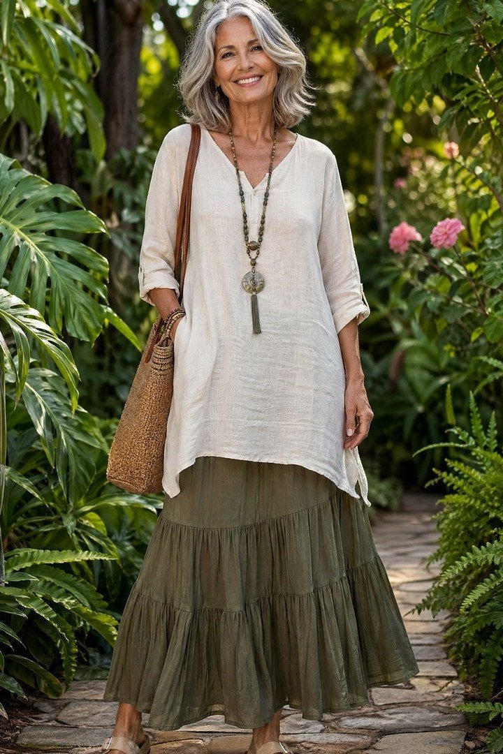 white tunic with olive ruffled midi skirt, relaxed elegant outfit for women over 50