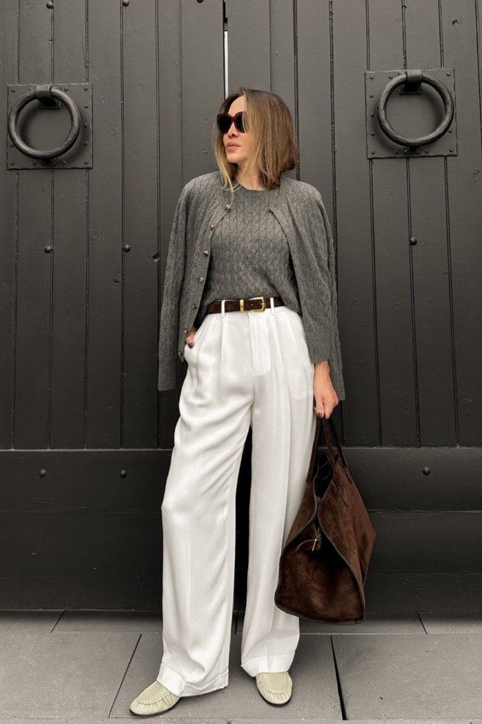 gray sweater white wide leg trousers women over 50
