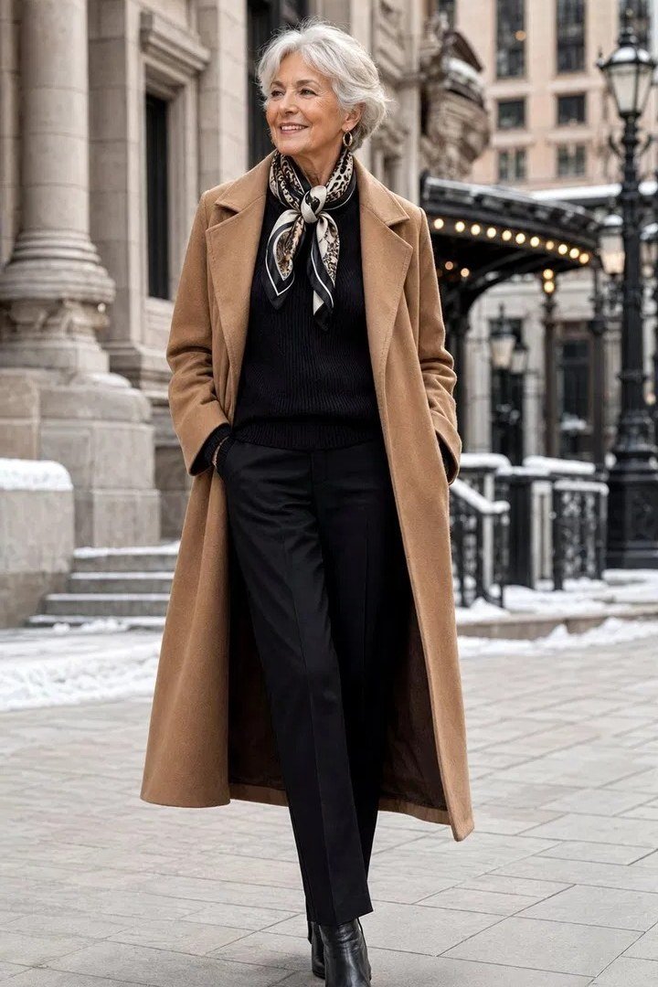 Effortlessly chic fall outfit for women over 60: camel coat with patterned scarf and ankle boots