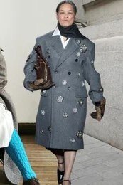 Elegant fall outfit for women over 70: gray embroidered coat