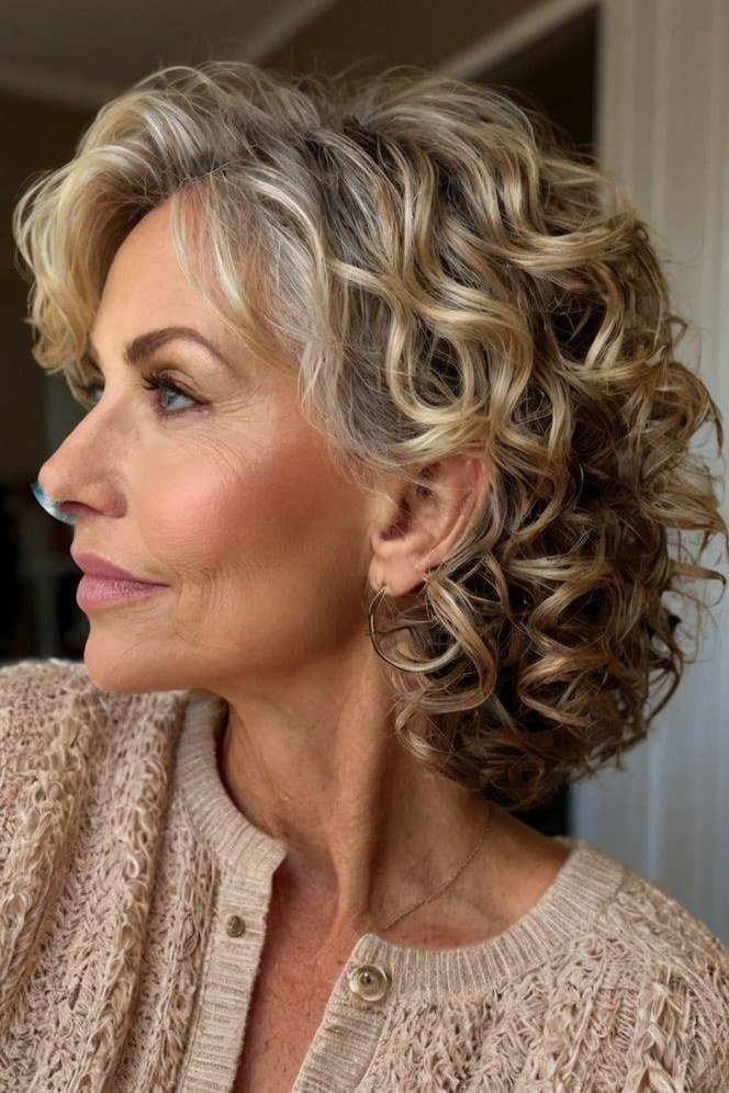 Blonde curly bob with movement for older women