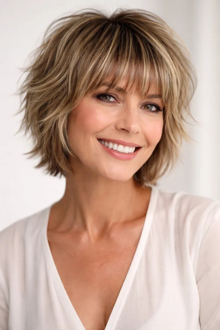 Wispy shag haircut with bangs and glasses over 60