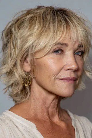 46. Blonde Wavy Shag Bob - wash and wear hairstyle for older women