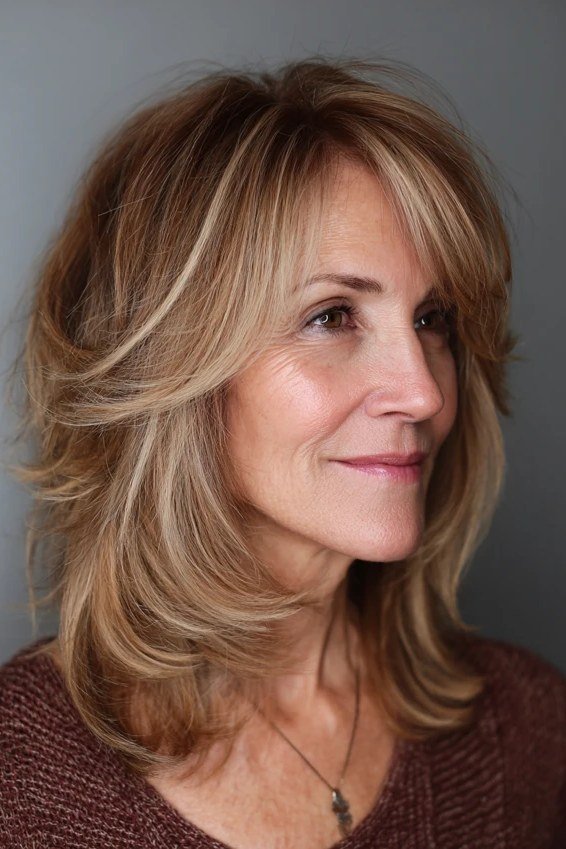 Feathered warm-blonde layered medium-length hairstyle, front side view, for women over 50