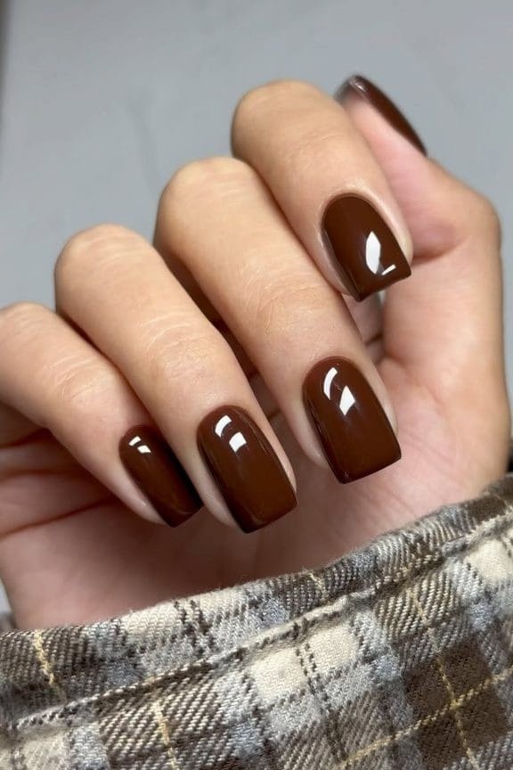 Deep Espresso Short Almond Nails, fall nail color idea for women over 50