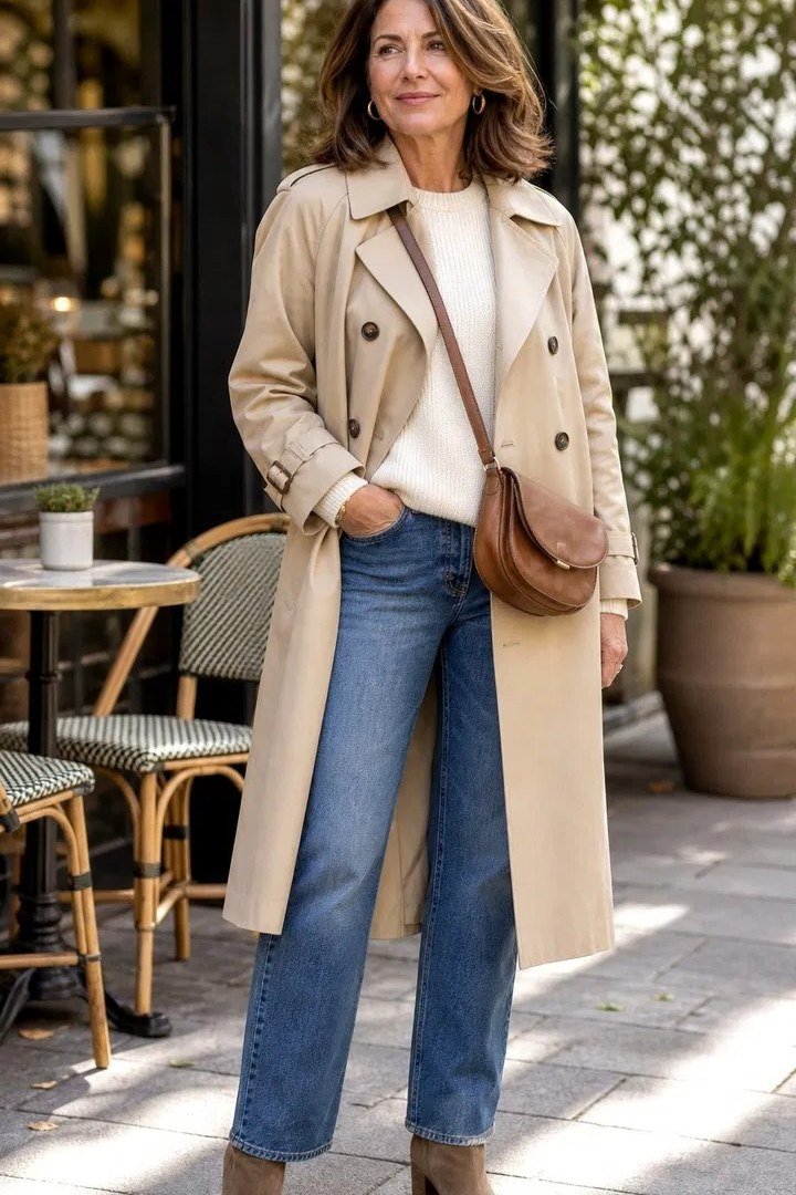 Classic Trench Coat with Dark Jeans, classy outfit for women over 60