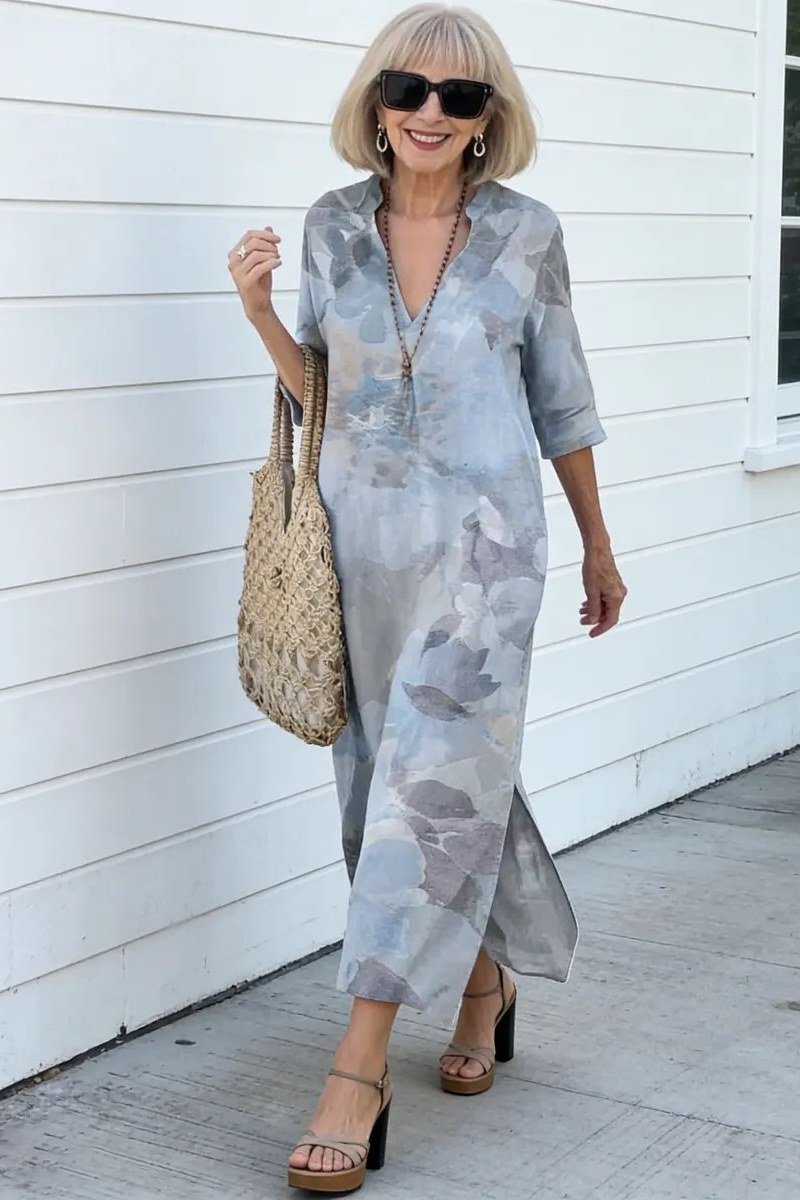 Blue Grey Watercolor Tie-Dye Midi summer outfit idea for women over 60