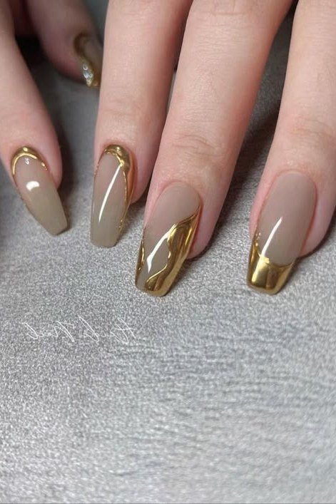 taupe nails with gold french tips