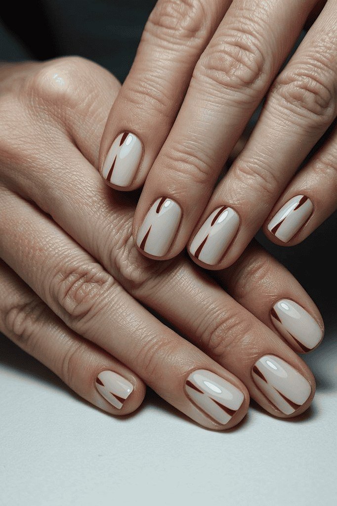 Cream nude nails with brown line art swirls