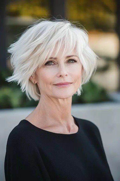 White choppy shag bob with full bangs for women over 60, front view