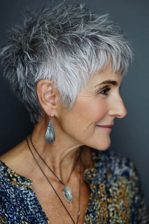 gray spiky pixie with lift for women over 50 side view